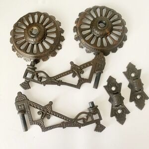 Pair Victorian Cast Iron Swing Arm Wall Sconce & Bracket Oil Lamp Holder